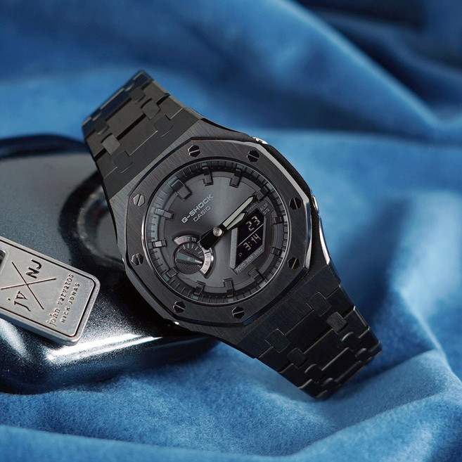 지샥 지얄오크 올블랙 올검 풀메탈 커스텀 블루투스 터프솔라 전자손목시계