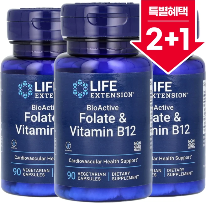 2+1 라이프 익스텐션 바이오엑티브 엽산 및 비타민B12 베지 캡슐 90정, 3개 - 쿠팡