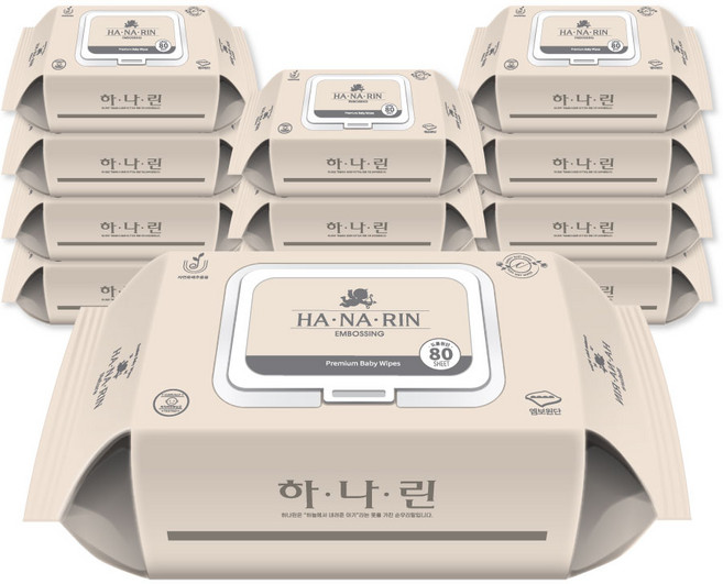 [하나린물티슈]부드러운 엠보싱물티슈 / 자연유래추출물 / 캡형 아기물티슈 80매 10+2팩, 80개입