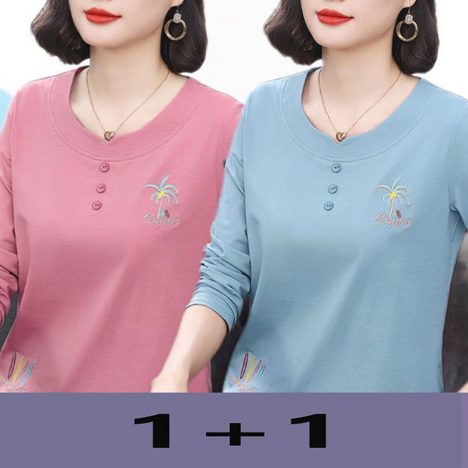1+1 중년 여성 긴팔 티셔츠 봄 가을 엄마옷 긴팔티 루즈핏 라운드 긴소매 상의 WXY