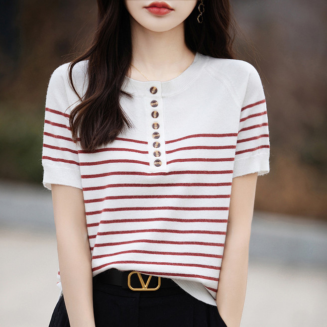 스트라이프 니트 반팔 티셔츠 여성 패션 단추 빅사이즈 여름 상의 라운드 루즈핏