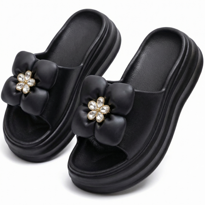 프로텍트유 여성 플라워 큐빅 통굽 슬리퍼 5cm