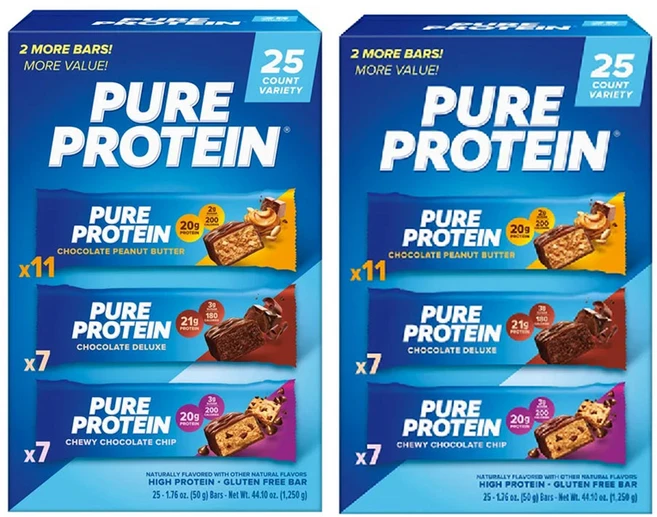 Pure Protein Bars 퓨어 프로틴 바 버라이어티 팩 25ct, 2박스, 1.25kg - 쿠팡