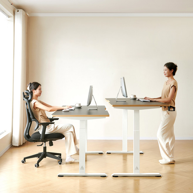 아우스 GE01 25mm상판 두께 고강도 듀얼모터 전동 모션데스크 컴퓨터 책상, 블랙 상판+화이트 프레임