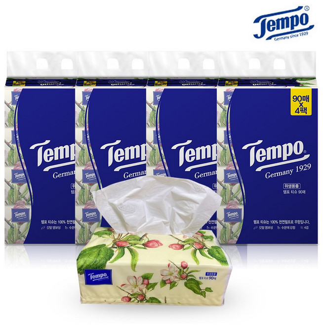 Tempo 천연펄프 미용티슈 4겹, 90개입, 16개
