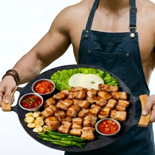 맘스픽 캠핑 고기 불판 초경량 나무 손잡이 그리들팬 고기 구이팬 가벼운 다회용 후라이팬, 1개, 38cm