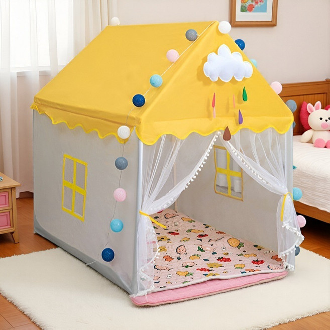 工廠直髮跨境兒童帳篷城堡牛津布遊戲屋男孩女孩室內睡覺防蚊帳, 如圖, 黃灰 牛津布款【金屬桿】