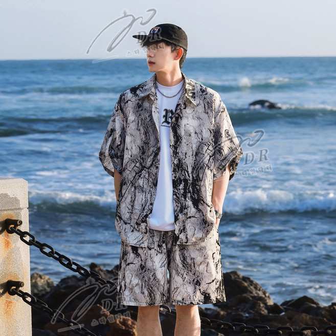 ANYOU 남성 셔츠 슈트 비치 바캉스 여름 반팔 반자지 세트