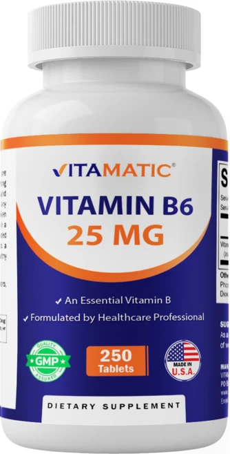 비타매틱 비타민 B6 (피리독신 염산염) 25 mg - 250정, 알약/캡슐, 성인남녀공용, 250회분, 1개 - 쿠팡
