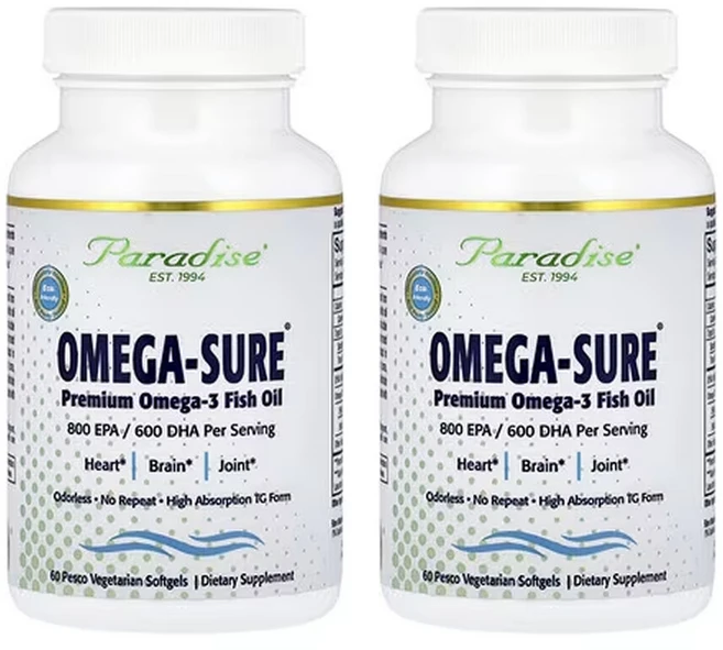 파라다이스허브 오메가슈어 프리미엄 오메가3 피쉬 오일 1 000mg 페스코 베지 소프트젤 60정, PAR77796-2, 2개 - 쿠팡