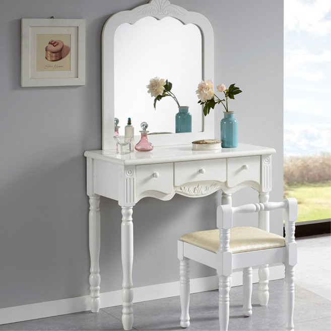 3칸서랍 복고풍 흰색 원목 화장대 의자세트 인테리어화장대 호텔