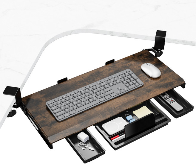 ETHU 키보드 트레이 슬라이딩 책상 연장 키보드 거치대 무타공 수납서랍 3개가 있음 확장테이블, Brown회전가능, 1개