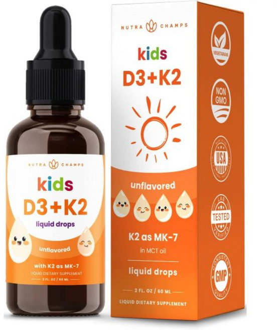 NutraChamps Vitamin D3 K2 Drops Liquid Vitamin D3 5000 IU & K2 D3 with MK7 Vitamin D Drops for K, Kids Drops, 1개, 60ml