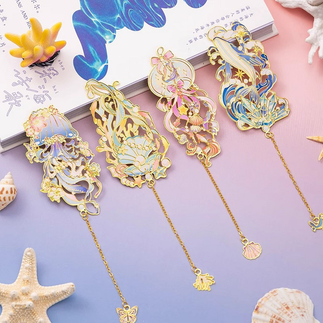 금속 책갈피 메탈 북마크 바다의 해파리 소라 산호초 고래 행운 기원 선물 4종, 1개, 춤추는고래