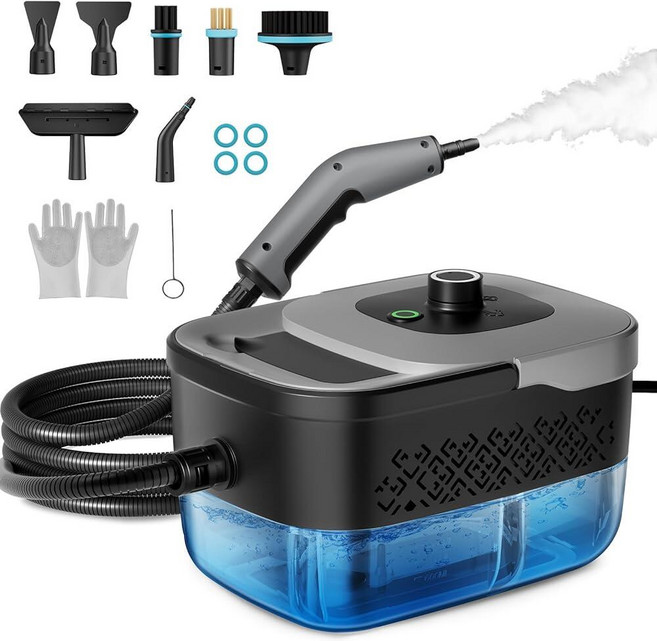 스팀 클리너 가정용 휴대용 1800W 고압 15초 가열 1600ML 대형 탱크 실내 장식 타일 자동차 욕실 그라우트 바닥 청소용 청소기 (블랙) Generic, 스팀 클리너, 가정용 휴대용 1800W 고압, 15초