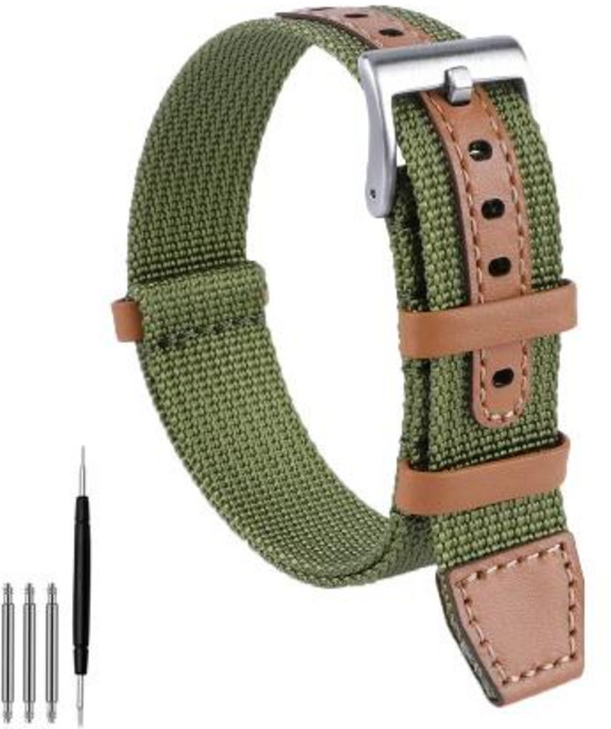 패션 나일론 패치 가죽 워치 밴드 나일론 캔버스 브레이드 워치 스트랩 카키 필드용 소프트 밴드 20mm 22mm, 29)B-Green, 1개
