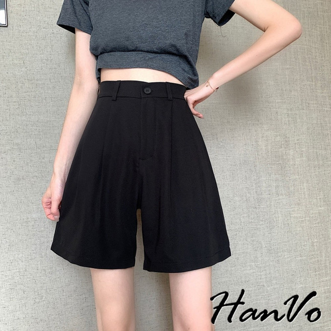 HanVo 垂感西裝五分褲 鬆緊腰休閒寬鬆高腰闊腿褲 - 韓系女生褲裝