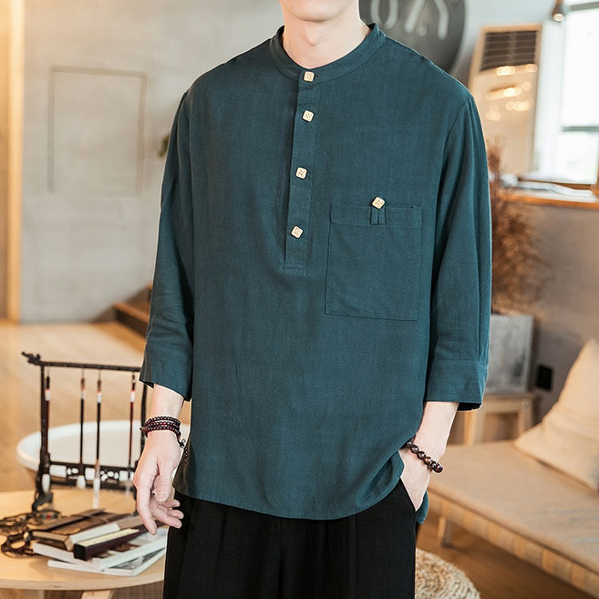 상의 법복 생활 남자 긴팔 개량 헨리넥 리넨 반팔 티셔츠 복고풍 스타일 05.A038-T038-화이트 M