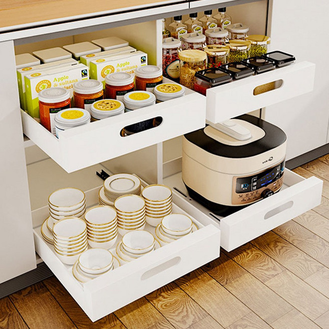 싱크대 하부장 슬라이딩선반 무타공 레일 수납장 양념통 주방선반, 화이트, 1개