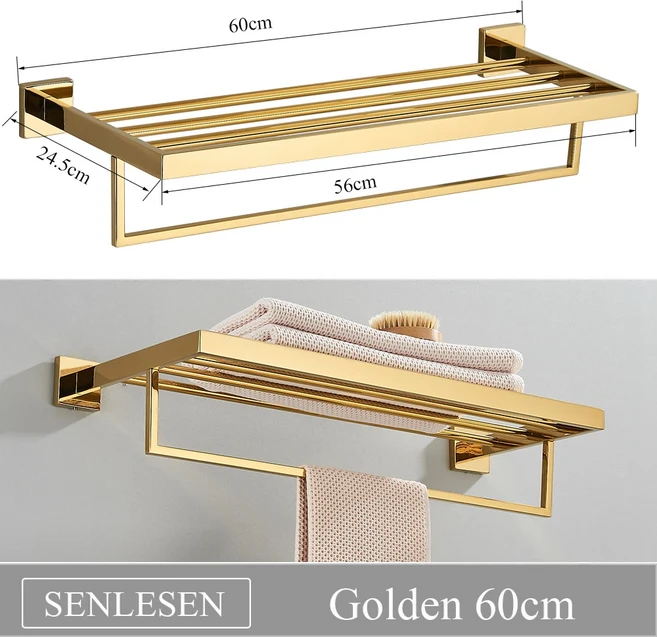 Senlesen-황금 욕실 액세서리 하드웨어 스테인레스 스틸 벽걸이 수건 바 레일 화장지 홀더 후크, 01 빠른, 06 Golden 60cm-A