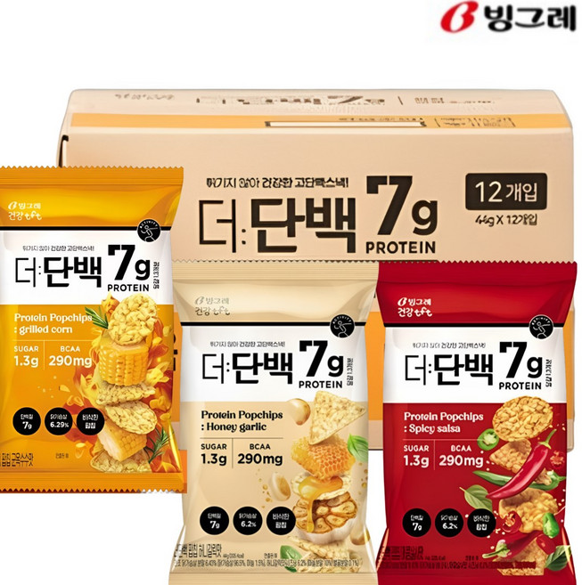 빙그레 더단백 팝칩 혼합 (군옥수수4 매콤살사4 허니갈릭4), 12개, 44g