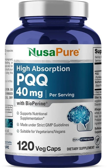 누사퓨어 PQQ 40mg 식물성 피롤로퀴놀린 퀴논 디소듐 소금 바이오페린, 1개, 120 - 쿠팡