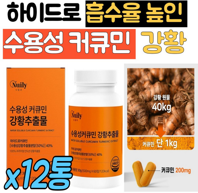 뉴일리 고함량 수용성 커큐민 강황추출물 인도산 100% 흡수율 높은 나노 미셀화 나노셀 나노화 수용성curcumin 마시는 나노 커큐민 식약처인증 추천, 12개, 60회분