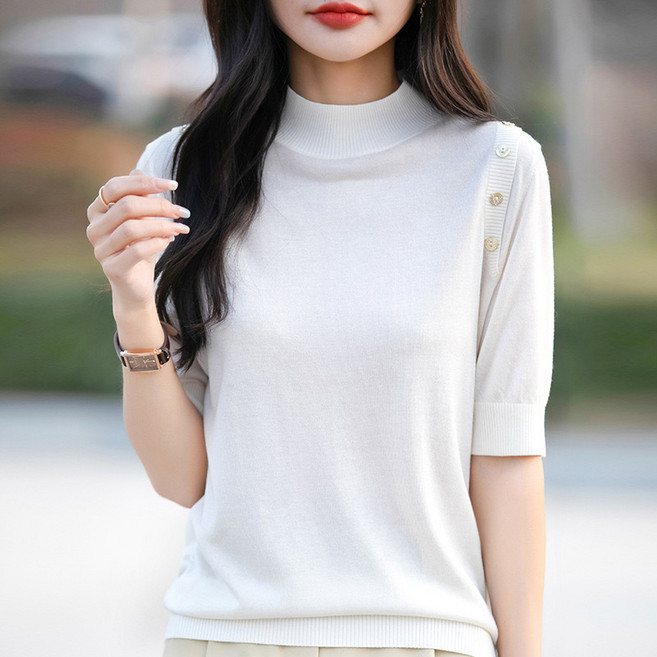 여성 빅사이즈 반목 5부 반팔 니트티 JR-730