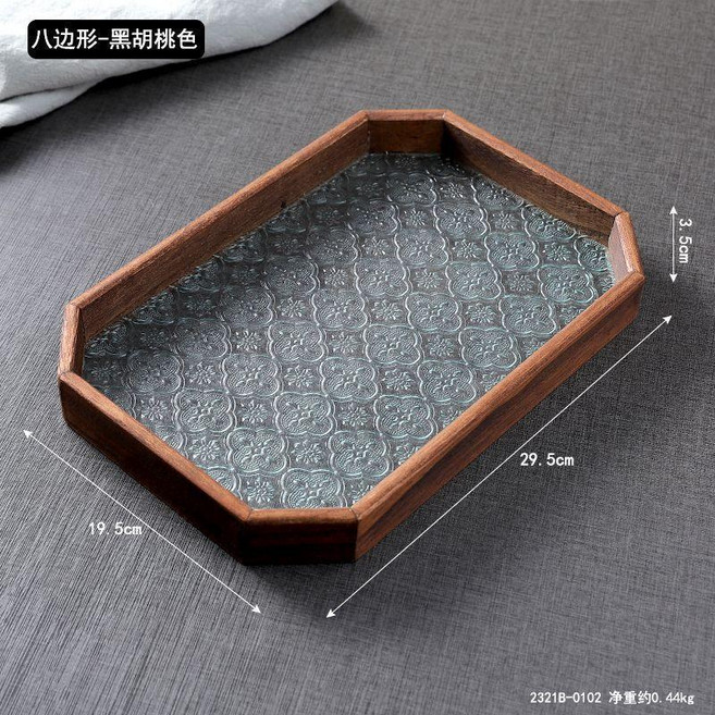 復古海棠花玻璃木質八邊形托盤 茶托 收納盤, 1個, 工廠直銷品質更有保證,八角海棠花玻璃托盤小正方, 透明, 八角海棠花玻璃托盤小正方