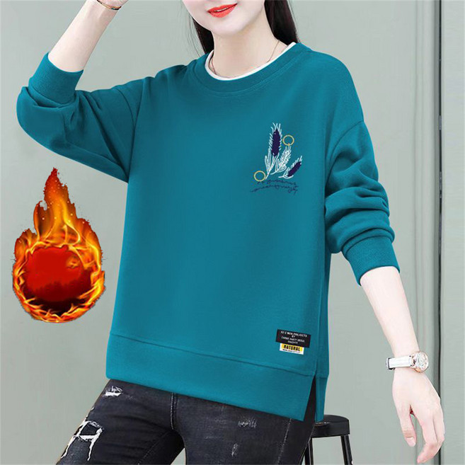 TKX 여성용 기모 맨투맨 가을 겨울용 따뜻한 캐주얼 기본 스타일 중년여성 편안한 일상 패션 K79