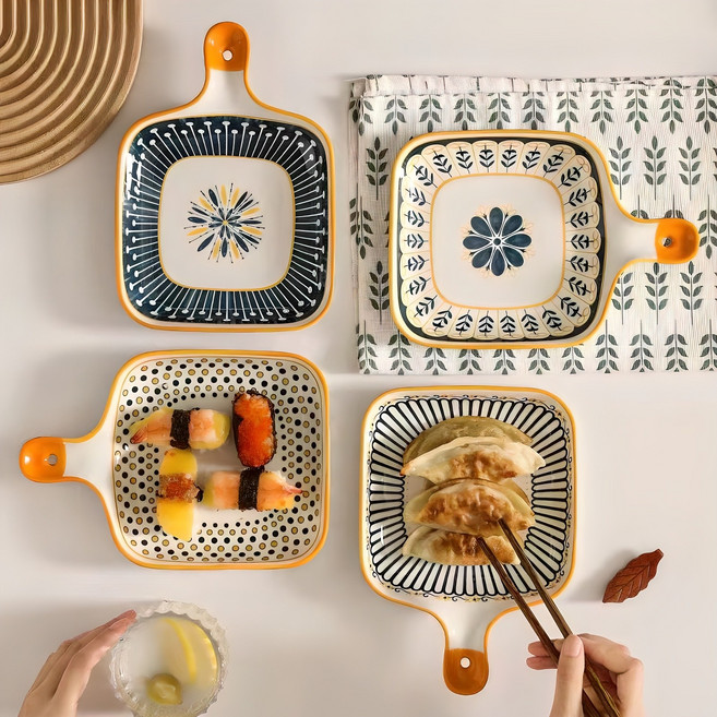 니치유 북유럽 사용 홈식기 손잡이 도자기 접시 앞접시 세트 4P, A+B+C+D*4P, 1세트