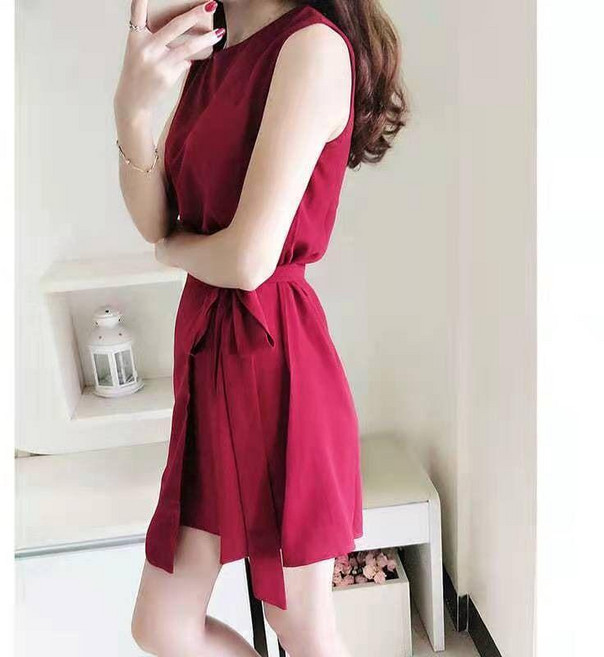 無袖綁帶雪紡高腰韓版連衣裙女 夏季新款不規則氣質連衣短裙, 1139#紅色,XL, 紅色