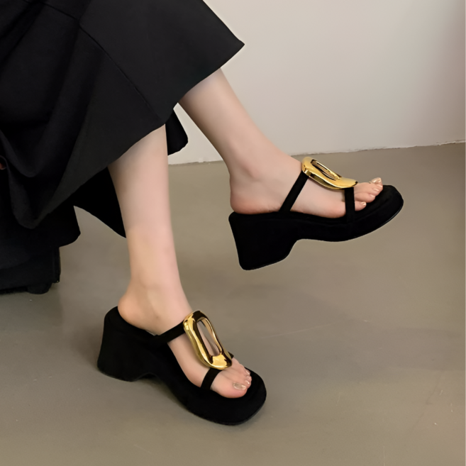 여성 7cm 통굽 샌들 슬리퍼 골드포인트 플랫폼 뮬 여름 키높이 슬리퍼