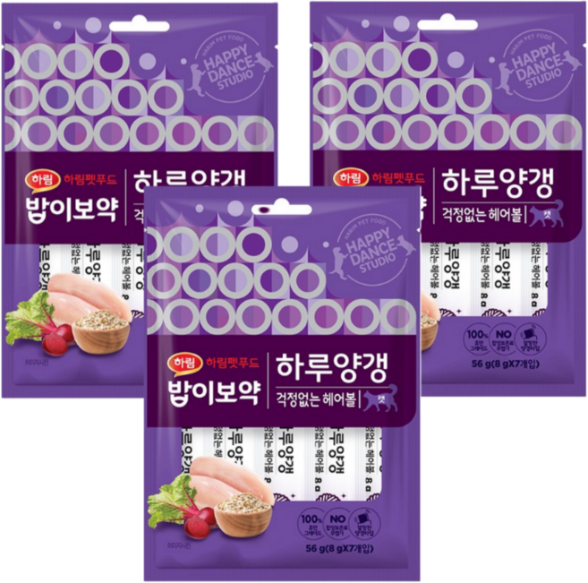 하림 밥이보약 CAT 하루양갱 걱정없는 헤어볼 짜먹는 고양이 간식, 혼합맛(닭/과일,야채), 56g, 3개