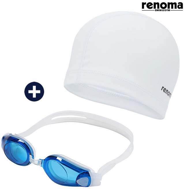 레노마수영복 공용 수경 수모 세트 (RO-RG2C501_BUWH), WH(화이트) FREE, 1개, 블루+화이트