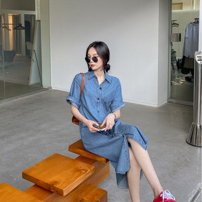 미중 여성 원피스 여름 루즈핏 데일리 데님 기품 빈티지 셔츠 롱 원피스