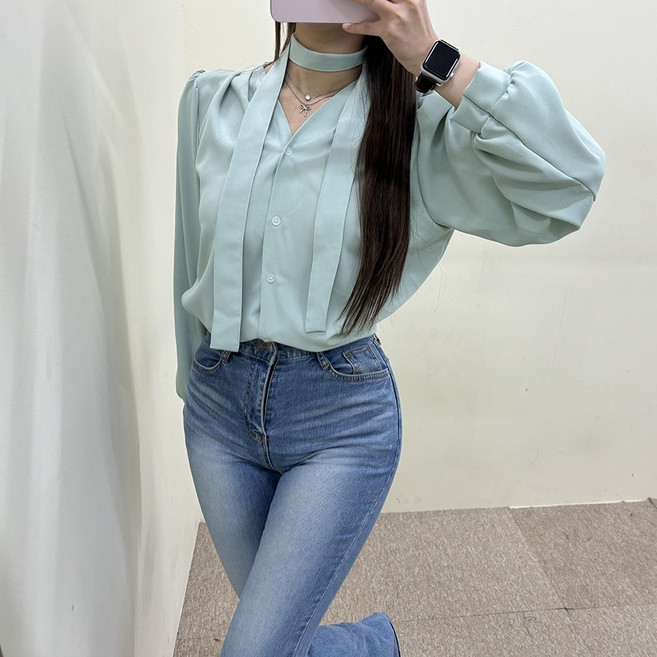 VANANA2 국내제작 여성 브이넥 스카프 세트 찰랑 블라우스 3color