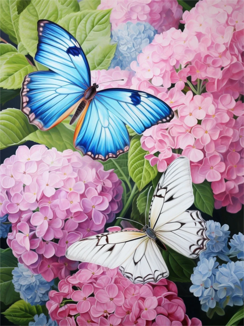 나비와 수국꽃 쉬운 조각퍼즐 한여름 만발한 자양꽃 행운 금전운 나에게로 날아오는 컬렉션 직소퍼즐 300 500 700 1000피스 어르신 효도선물, 나비와 보랏빛 핑크 수국꽃4, 1개