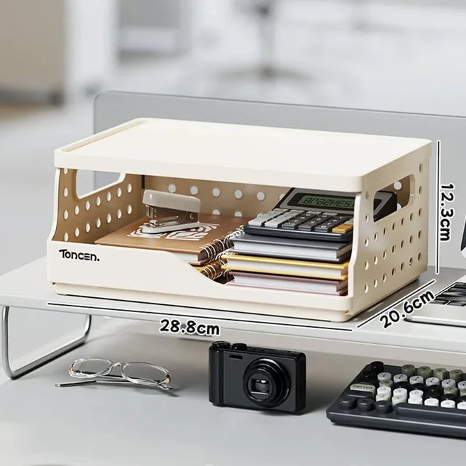 구멍 디자인의 접이식 데스크탑 책장 학생 사무실용 다층 정리함 조절 가능한 문구류 보관 선반, 03 아이보리