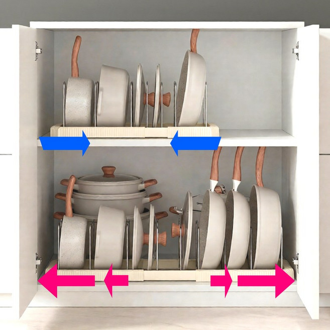 다비제 길이조절 후라이팬 정리대 식기 거치대 주방 선반 그릇 정리함, 1개, 화이트