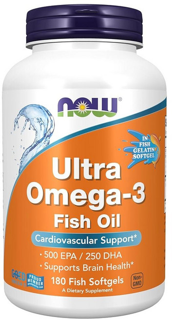 NOW 식품 보충제 울트라 오메가-3 500 EPA 및 250 DHA 심혈관 지원 180-피쉬 젤라틴 소프트젤, 1개, 180정