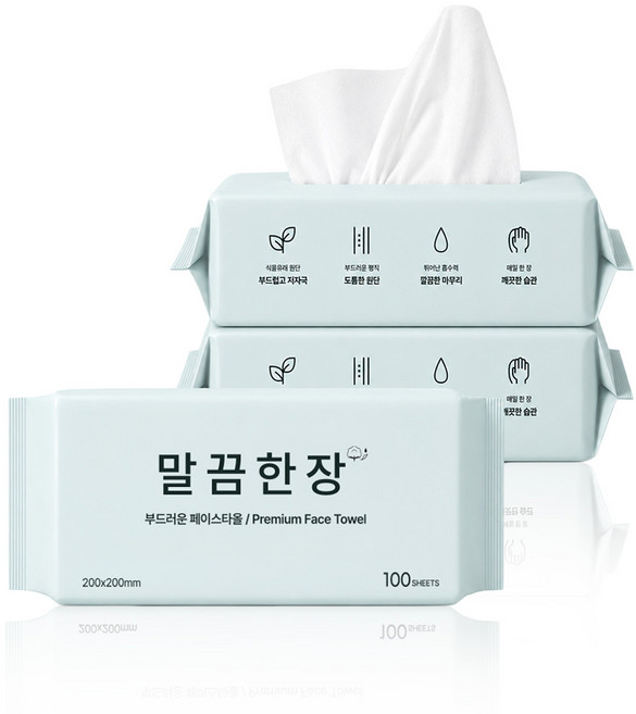 말끔한장 부드러운 저자극 일회용 페이스타올, 3개, 100매