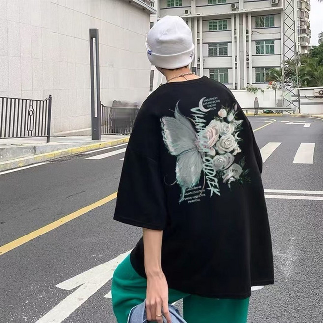 Vezri 남녀공용 여름 오버핏 패션 프린트 커플룩 스트리트 장미 빅나비 반팔티111WHY111