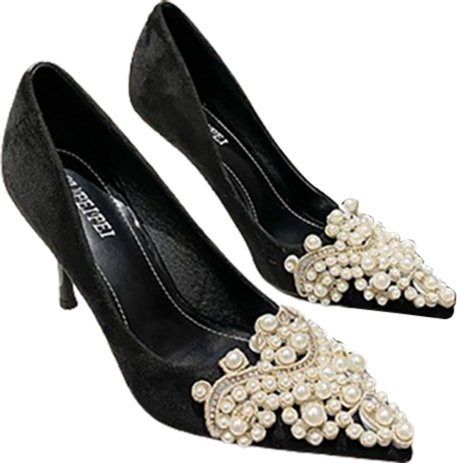 여성 하이힐 춘추 진주 단화 블랙 스트랩 힐 5-9cm