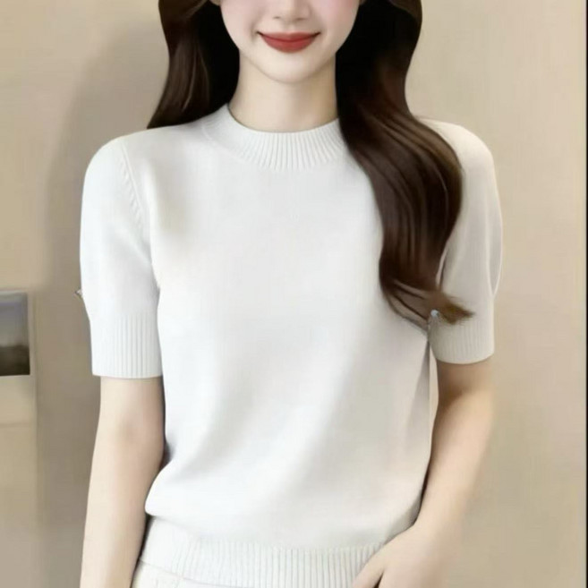 여성 냉장고 반팔티 캐주얼 얇은 라운드넥 반팔 니트 티셔츠 여름 여자 반팔 상의 YCY
