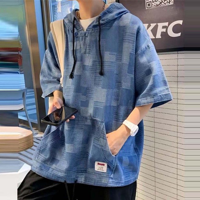 TKX 남성 오버핏 후드 반팔 티셔츠 캐주얼 편안한 데일리 프린트 패턴 빅포켓