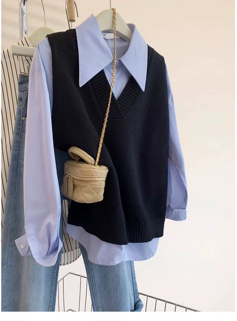 Cavensi 新年穿搭韓風素色V領針織背心寬肩顯瘦外搭馬甲大尺碼無袖上衣