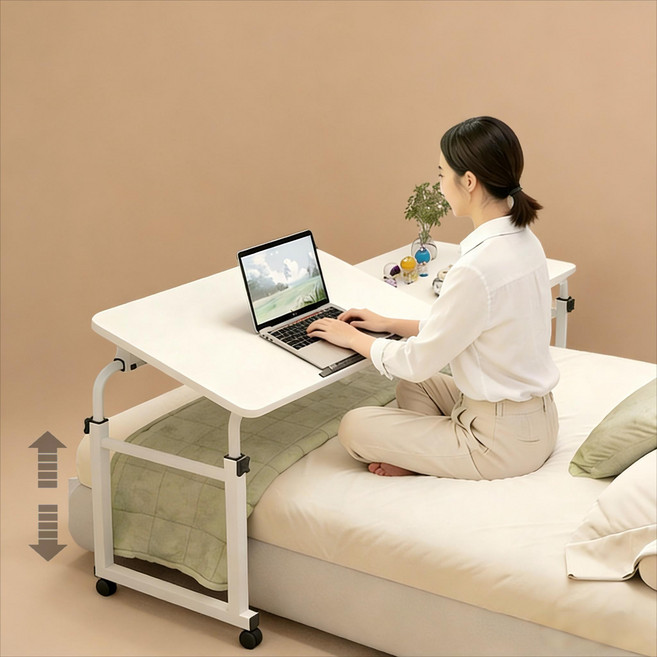 높낮이 조절 이동식 베드테이블 침대테이블 침대용 간이책상 쇼파 협탁 보조, 화이트(슬라이딩)