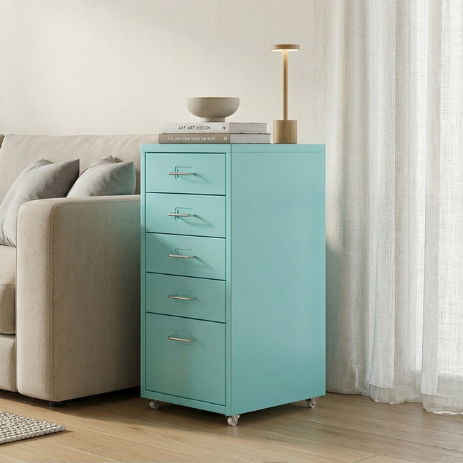 Polyidea 철제 서랍장 이동식 수납장 조립식 서랍장 사무실 거실 데스크 책상밑 공간 활용, 하늘색, 5단