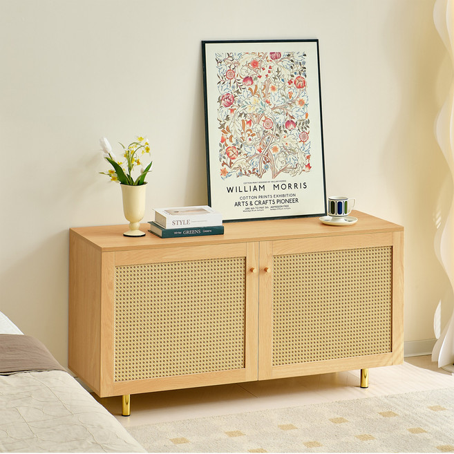 거실 TV수납장 라탄 더블도어 침실 장식장, 우드